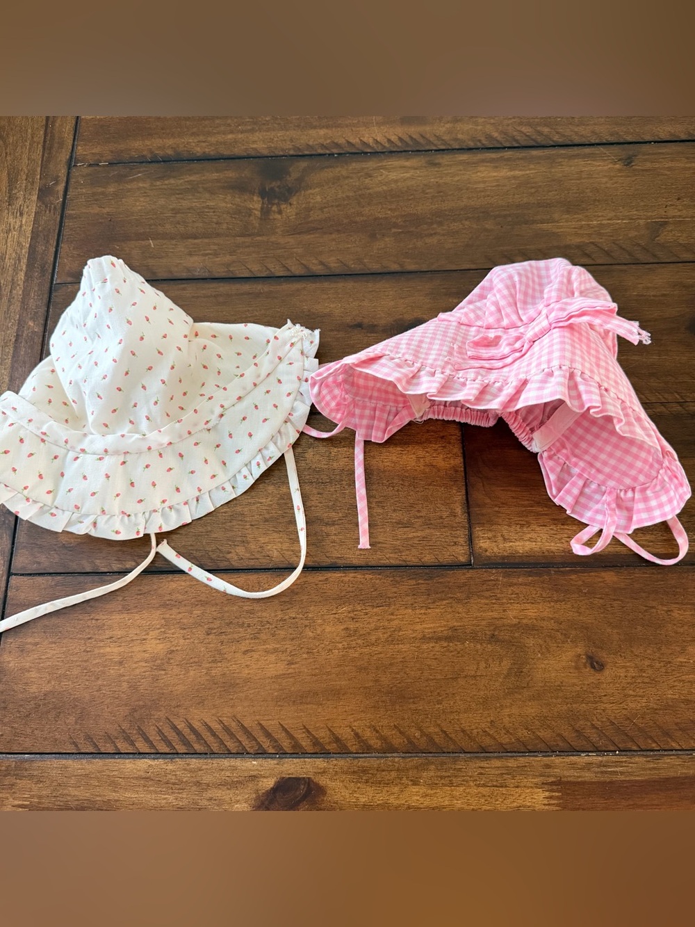 Vintage Baby Bonnet Hats Adjustable Pink Gingham & White Strawberry Ruffle